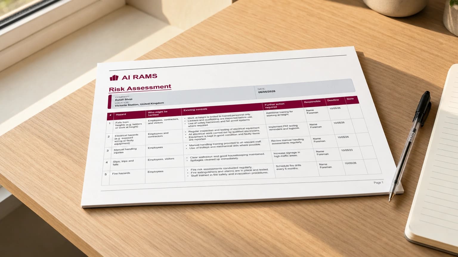A horizontal one-page AI RAMS risk assessment document on a warm wooden desk beside a sunlit window