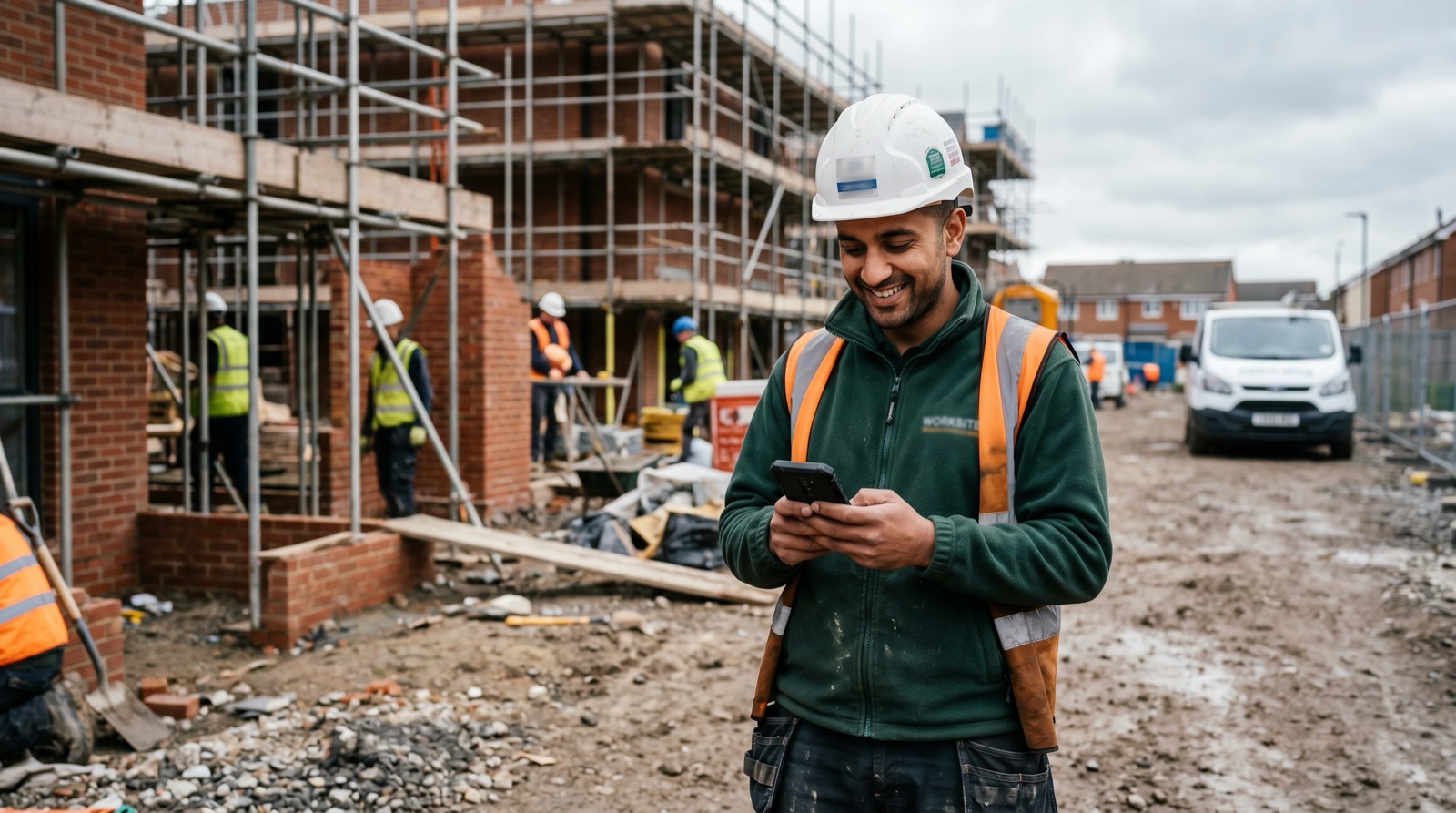 UK sole trader confidently checking his phone on a construction site, his branded white Transit van visible in the background