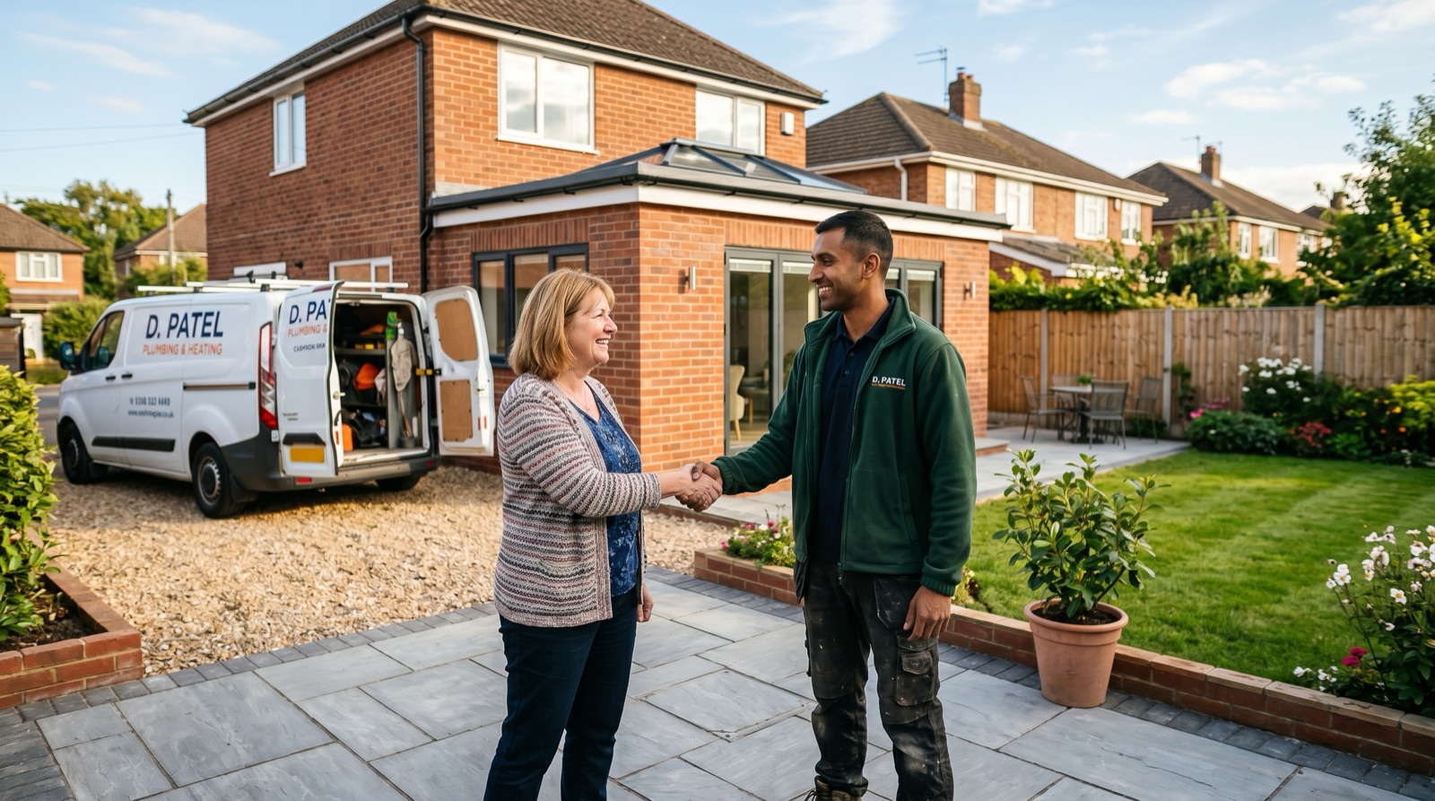 UK sole trader shaking hands with a satisfied client outside a completed residential property, his branded white Transit van and tools visible behind him