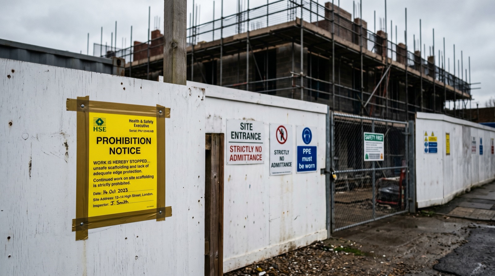 HSE Prohibition Notice posted on UK construction site hoarding, scaffolding in background
