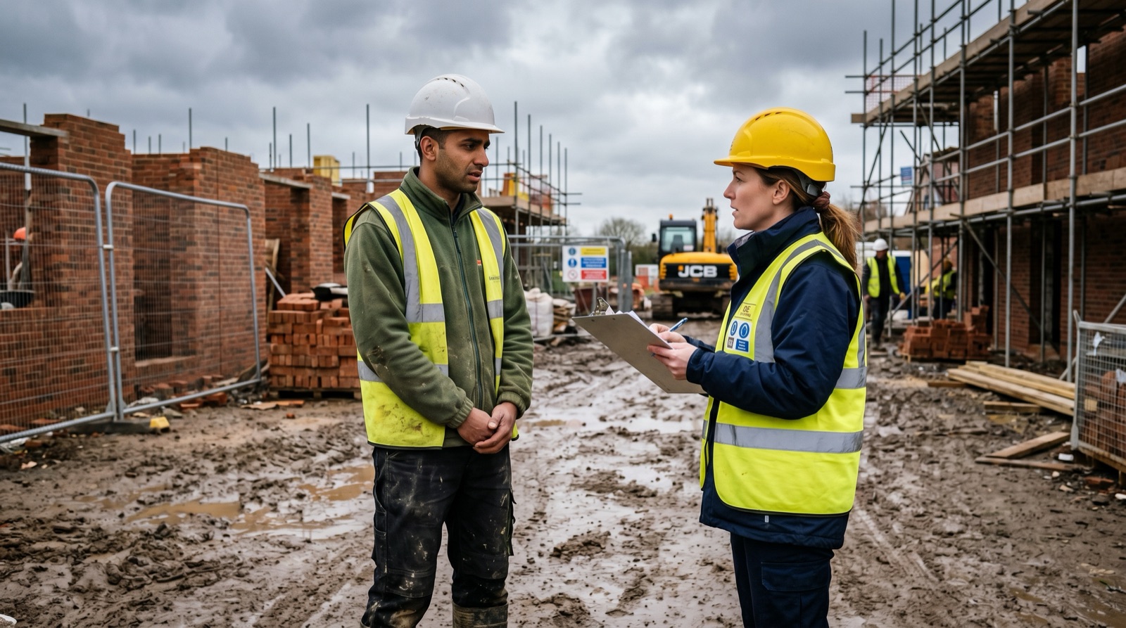 UK sole trader being questioned by a HSE inspector on a muddy construction site, inspector holding a clipboard