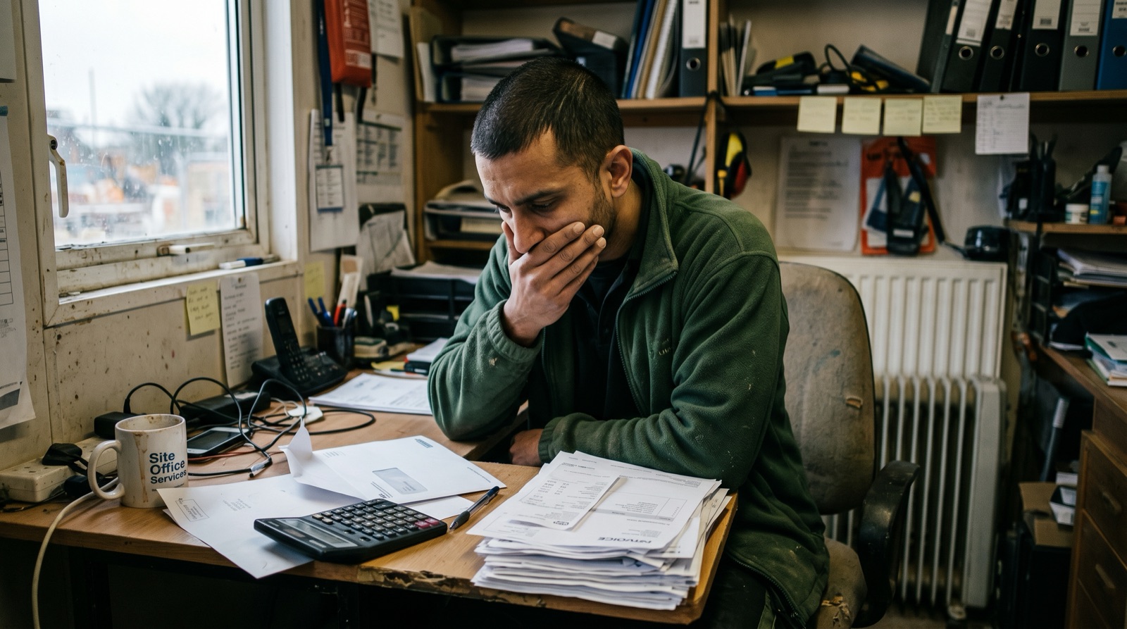 UK sole trader sitting in his white Transit van reading an official HSE letter, looking devastated