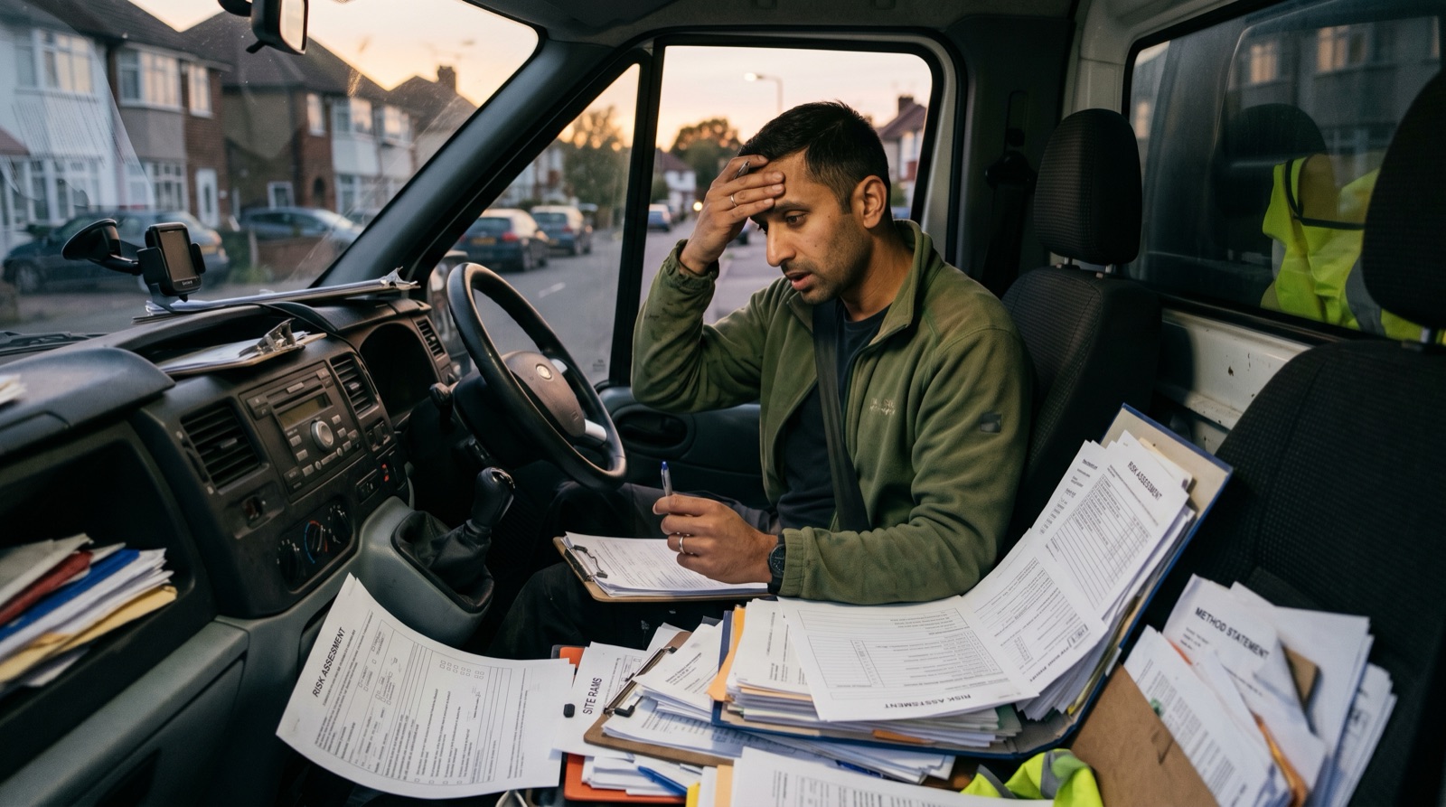 UK sole trader in navy fleece sitting in his white Transit van at dusk, surrounded by piles of paper RAMS forms, looking frustrated
