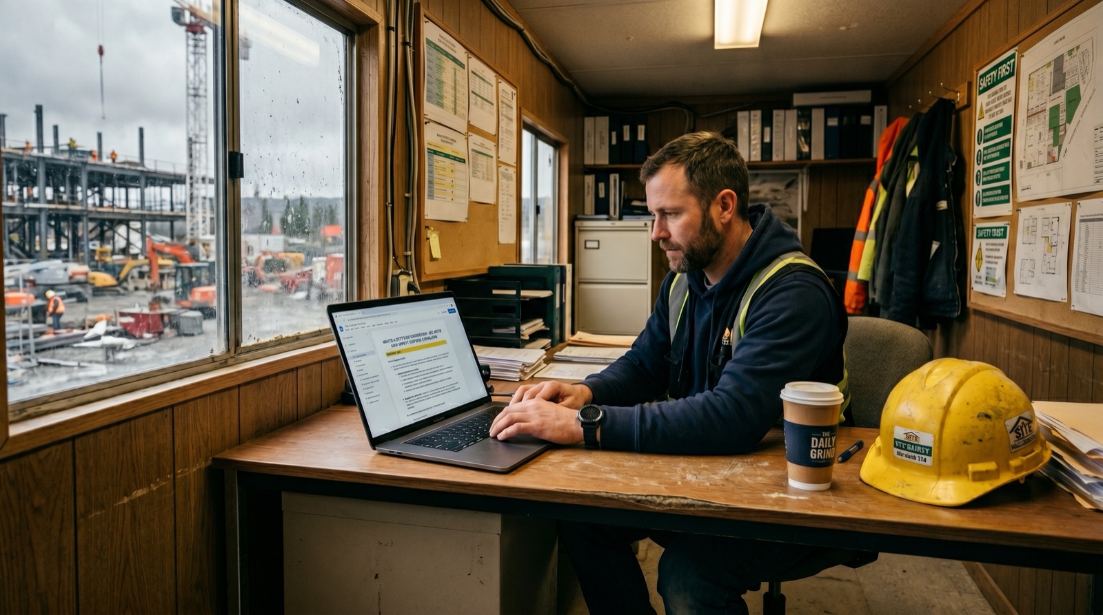 Site manager working on a laptop in a construction site office cabin, generating a method statement while the site is visible through the window.