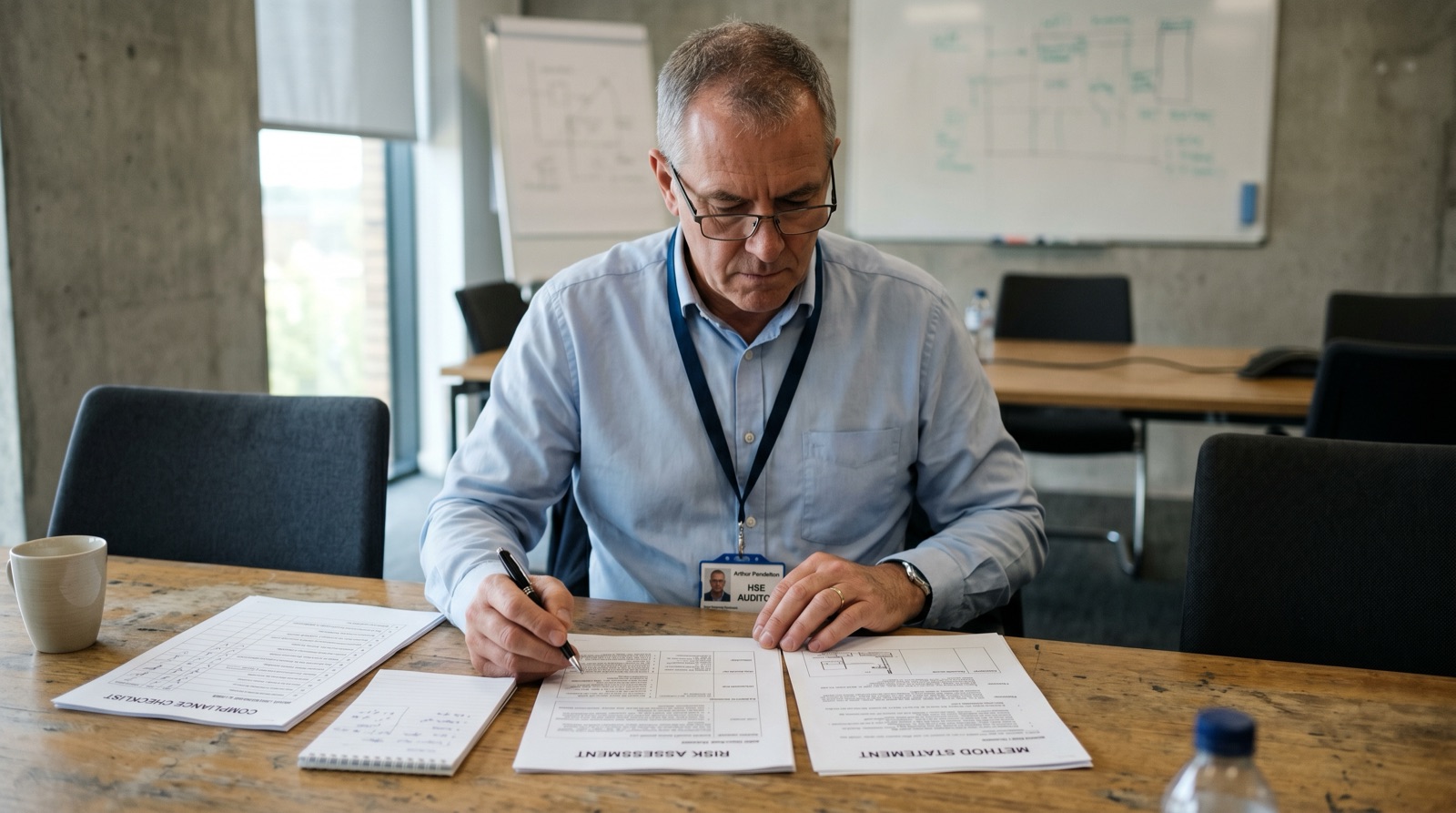 HSE auditor reviewing a Risk Assessment and Method Statement side-by-side at a meeting table with a compliance checklist.