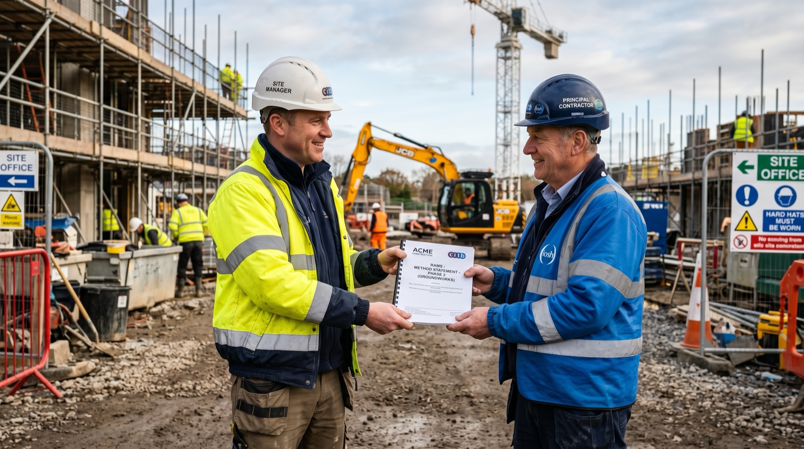 Site manager confidently handing a professional RAMS document to a principal contractor on an active UK construction site.