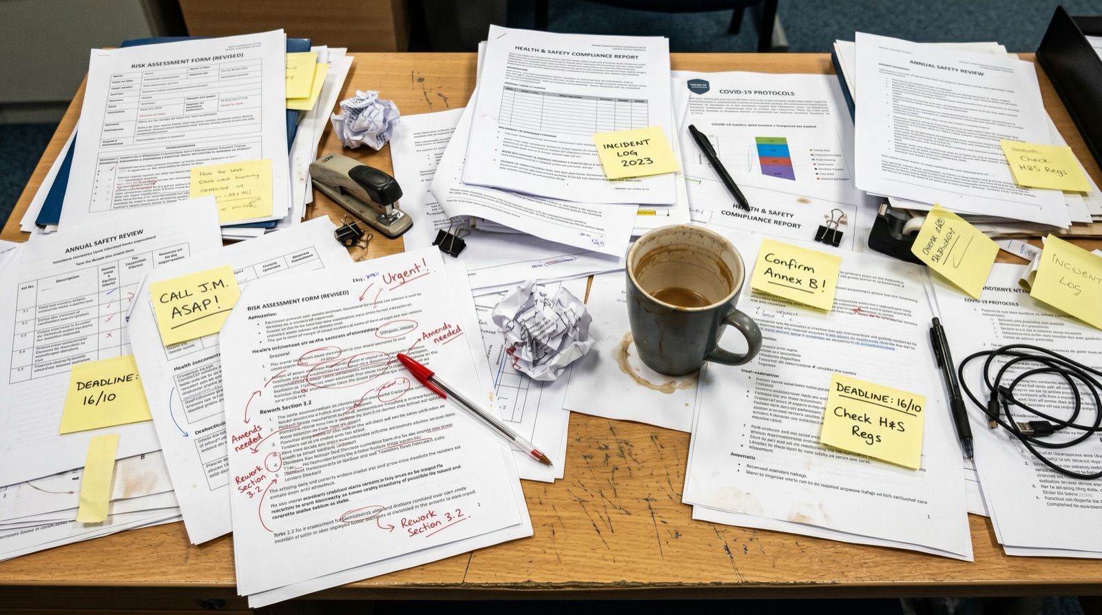 Cluttered desk covered in messy printed health and safety documents, red pen corrections, and cold coffee — the old way of writing method statements.