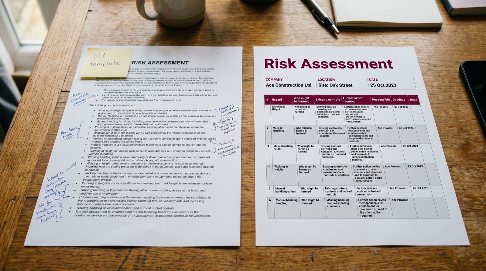 Digital HSE compliance checklist interface showing AI-guided hazard identification and control measures