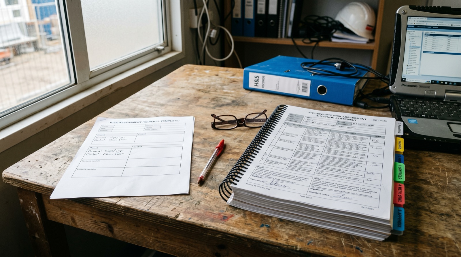 A thin one-page generic risk assessment template on a site-office desk next to a thick, properly completed comb-bound risk assessment and method statement with tabbed sections