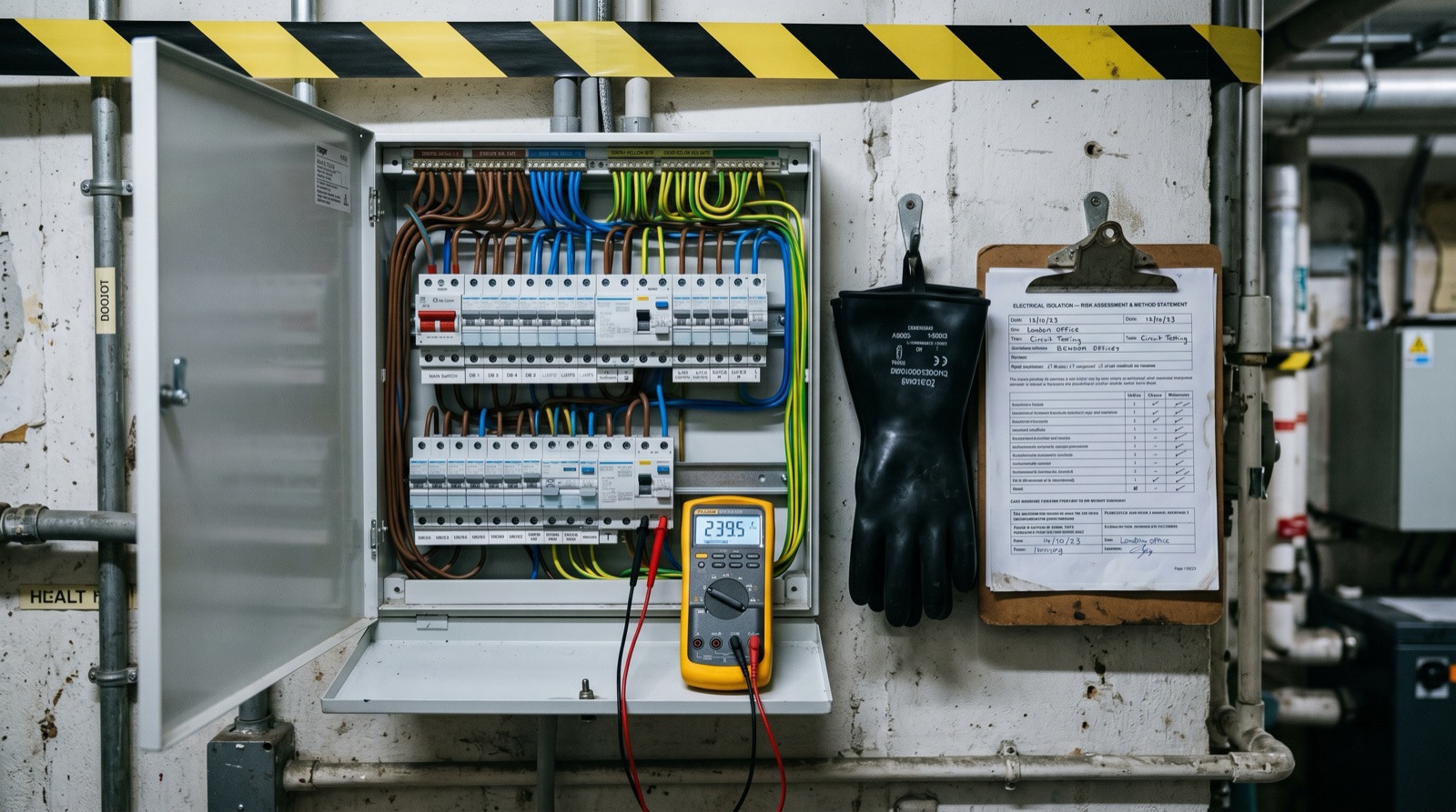 An open electrical distribution board with colour-coded wiring, a multimeter and insulated gloves, and an electrical-isolation risk assessment and method statement on a clipboard alongside, no people present