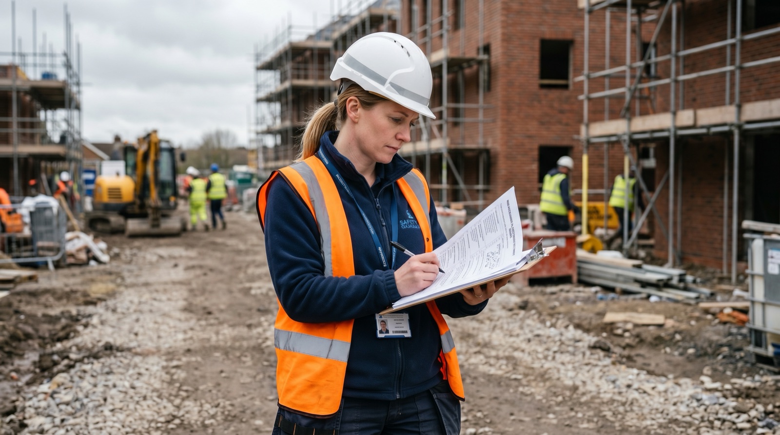UK health and safety consultant in a hard hat and hi-vis reviewing and annotating a printed risk assessment and method statement on a clipboard, on a construction site