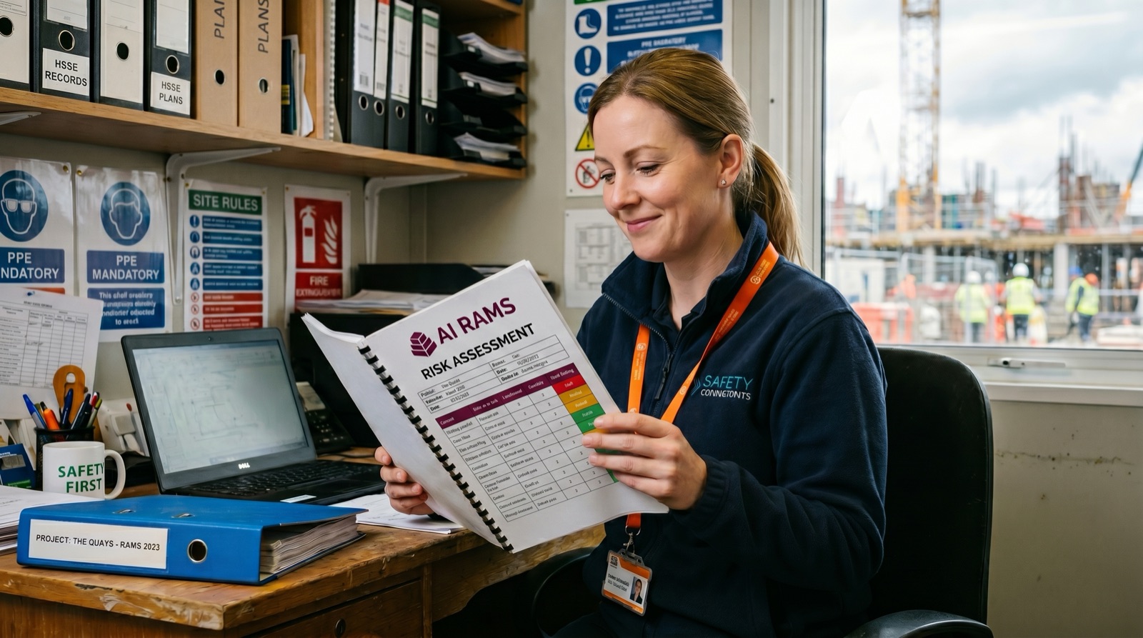 The same health and safety consultant back at her site-office desk, calmly reviewing a tailored risk assessment generated by AI RAMS, with a colour-coded risk rating table
