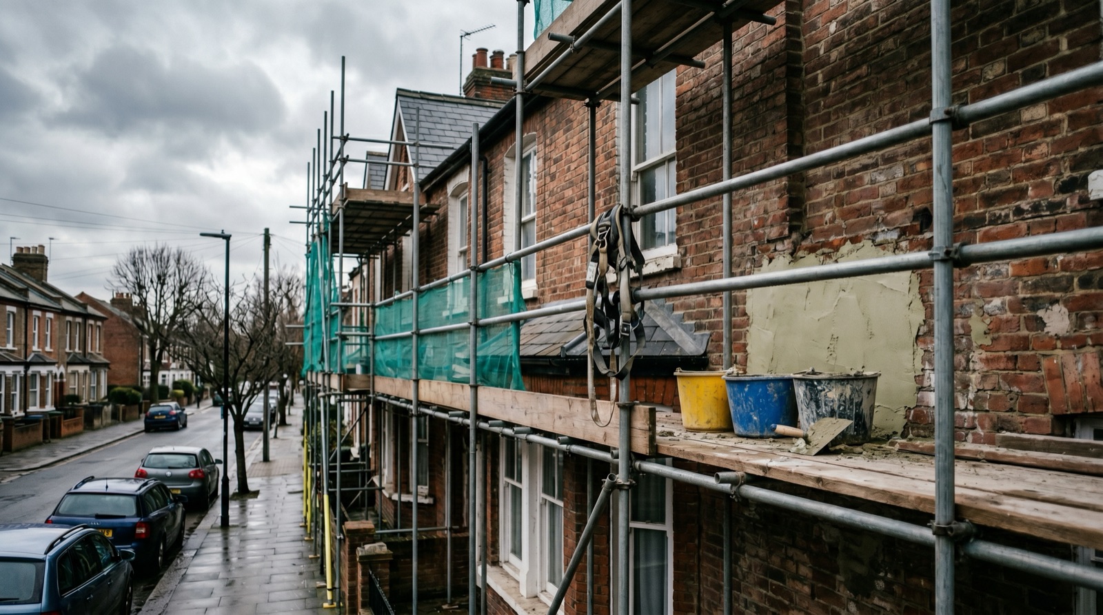 Scaffolding erected against a weathered red-brick Victorian terraced house on a grey British street, with a harness hanging unused and render materials on the boards, no people present