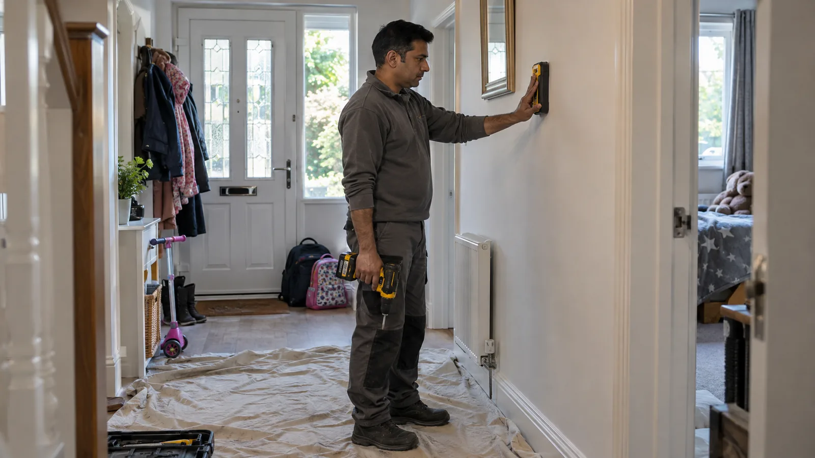Builder holding a cable and pipe detector against a hallway wall before drilling, a cordless drill in his other hand, in a family home with coats, school bags and a child's scooter by the front door