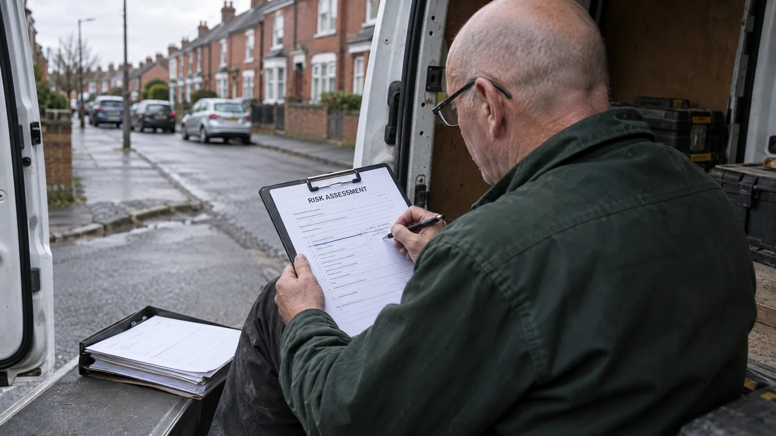 Over-the-shoulder view of a tradesman sitting in the open side door of a white van on a terraced street, crossing out a line on a printed risk assessment form on his clipboard and writing a note beside it