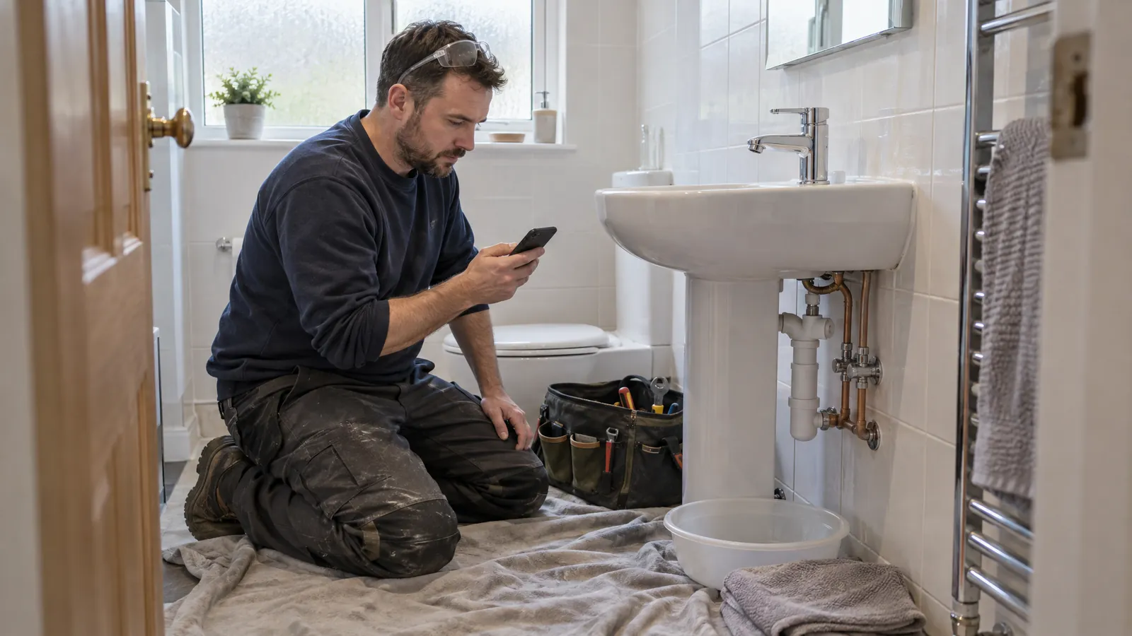 Plumber kneeling on a dust sheet beside a pedestal basin in a domestic bathroom, checking a job note on a phone, with a tool bag, a bowl and a towel ready