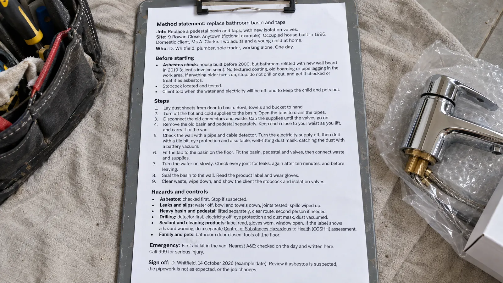 One-page method statement for replacing a bathroom basin, printed and clipped to a clipboard on a dust sheet, showing job details, an asbestos check, nine numbered steps, hazards and controls, emergency details and a sign-off line