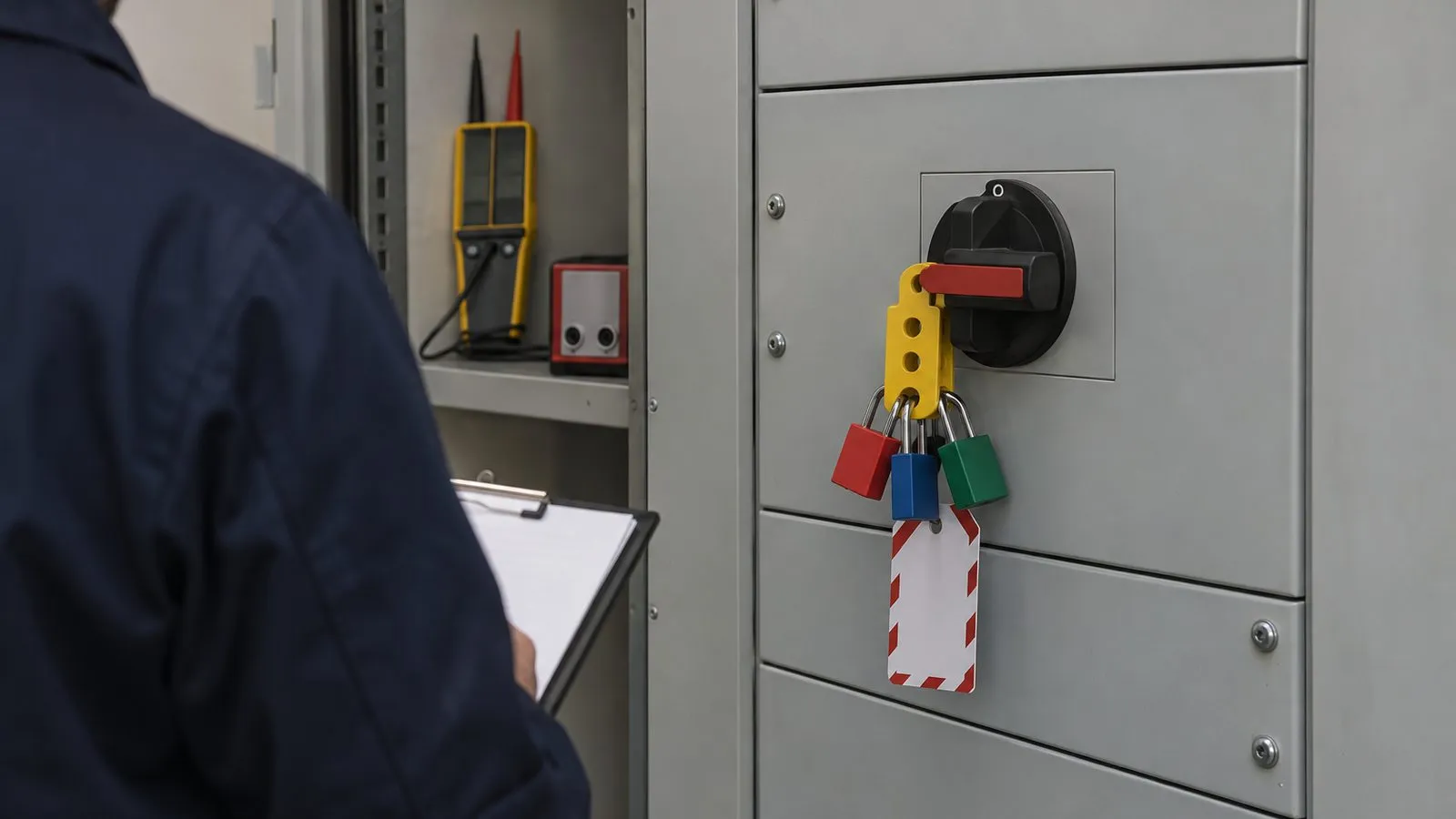 Distribution board in an office riser locked off at its isolator, with three personal padlocks on a yellow hasp and a red and white caution tag, a voltage indicator and proving unit on the shelf, and an electrician holding a clipboard