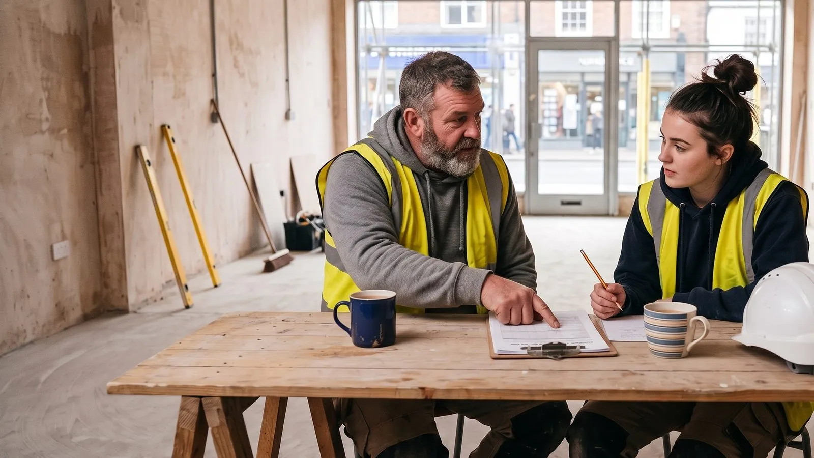 Two fit-out workers in hi-vis vests at a trestle table in an empty shop unit, one pointing at a clipboard while the other takes notes