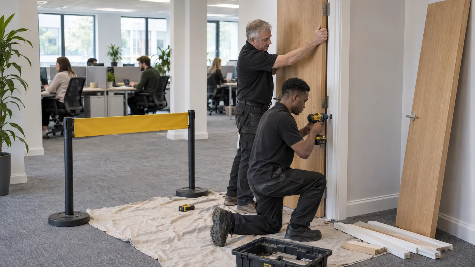 An older joiner holding a new internal door steady while a young apprentice drives a hinge screw with a cordless drill, on a dust sheet behind a barrier in an open-plan office, with staff working at desks behind them