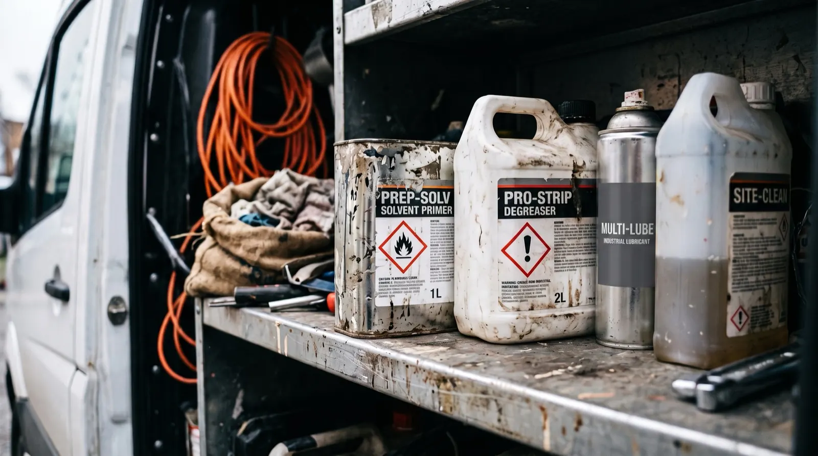 Close-up of product containers on a site shelf with GHS hazard pictograms visible on the labels, including the flame and exclamation mark diamonds