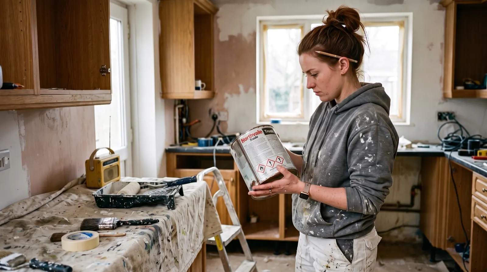 Decorator in work clothes reading the hazard label on the back of a paint tin in a room being redecorated