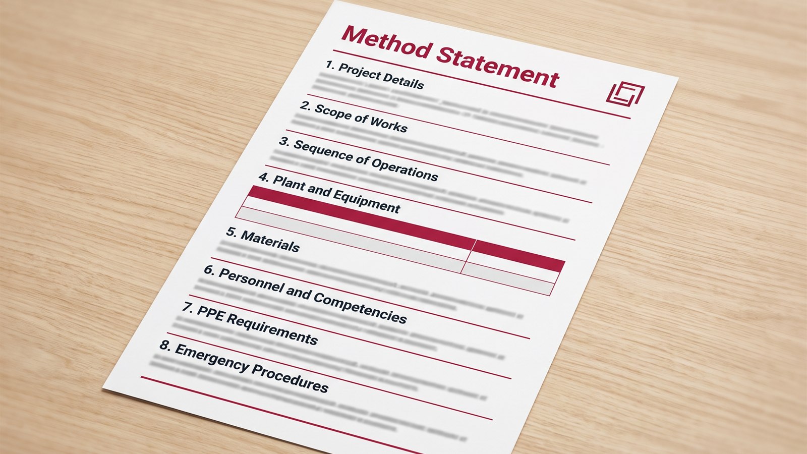Printed method statement lying on a desk, headed with numbered sections running from project details and scope of works through to PPE requirements and emergency procedures