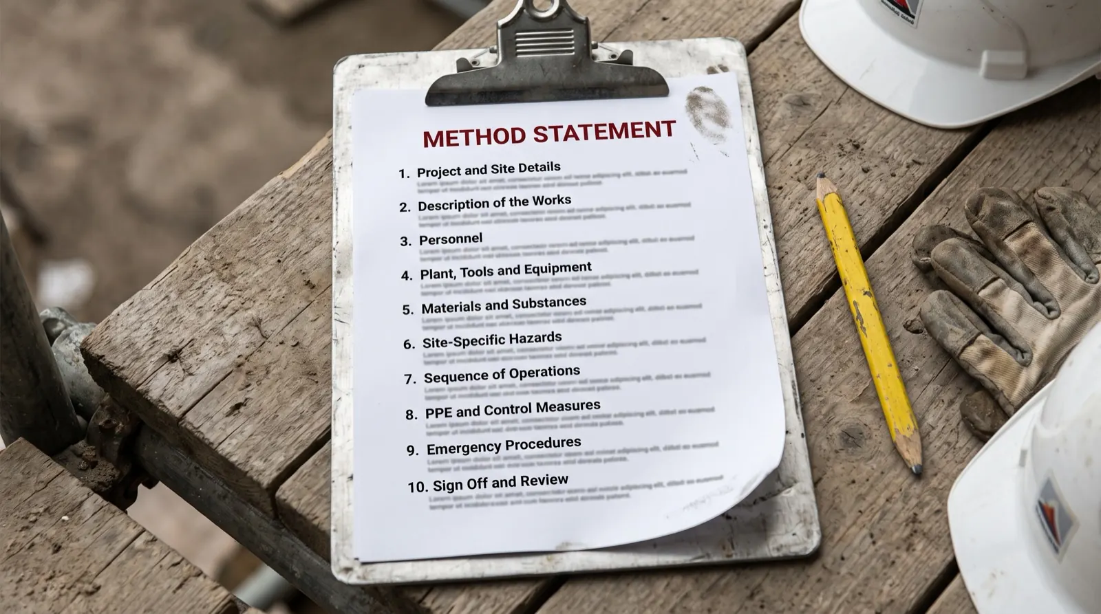 Printed method statement on a battered site clipboard resting on scaffold boards, showing the ten numbered sections from project and site details through to sign off and review