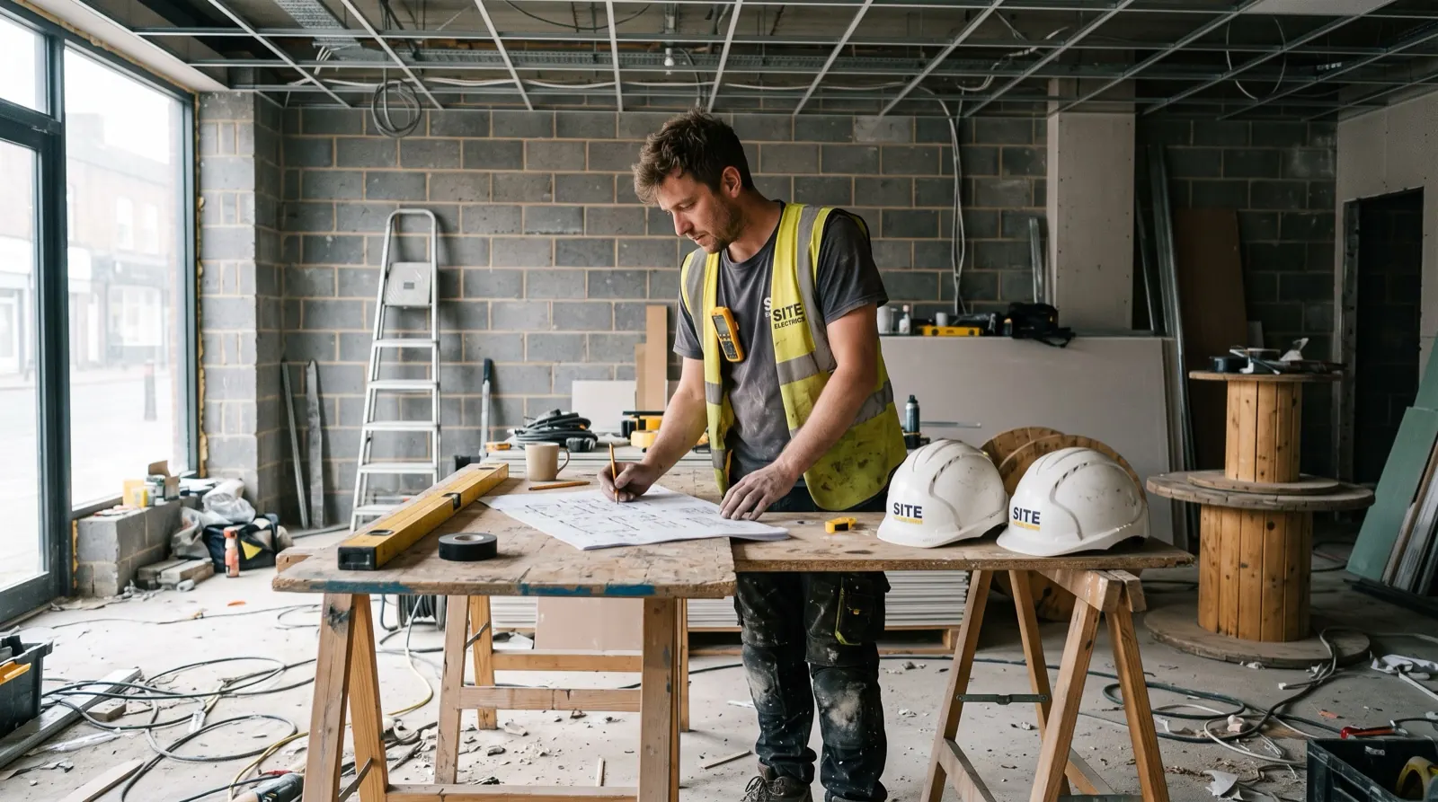 Electrician in a hi-vis vest marking up printed paperwork on a trestle table inside a commercial unit being fitted out, with an exposed ceiling grid and cable drums behind him