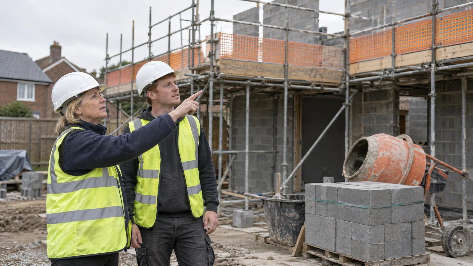 Health and safety consultant and a young builder in hard hats and hi-vis vests on a house extension site, the consultant pointing past him at the scaffold, with blockwork walls, a cement mixer and a pallet of blocks
